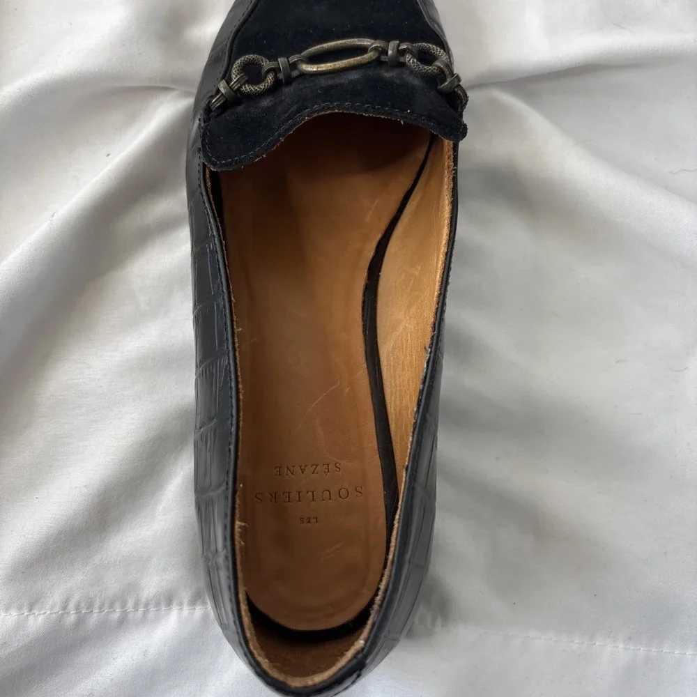 Souliers Sezane Marius Women 6/36 Black Loafers Croc Leather Chain Embellishment - Picture 12 of 12